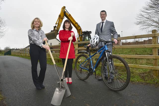 Alderman Amanda Grehan, Infrastructure Minister Nichola Mallon and Lisburn and Castlereagh City Council Chief Executive David Burns