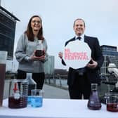 Nerve Centre education manager Dr Rachel McDermott pictured with Economy Minister Gordon Lyons.