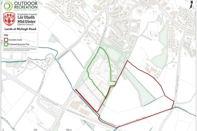 A map which shows the spatial relationship between the study area and proposed business park, Walled Garden, Mullagh Road and Tobermore Road.