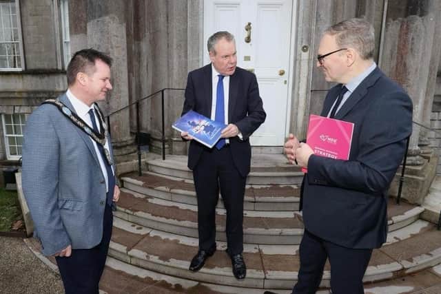 Lord Mayor of Armagh, Banbridge and Craigavon Borough Council, Glenn Barr with NI MInister of State Conor Burns and Chief Executive of ABC Council Roger Wilson.