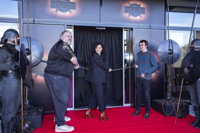 Kristian Nairn 'Hodor', Nathalie Emmanuel 'Missandei' and Isaac Hempstead Wright 'Bran Stark' Break The Chains at Game of Thrones Studio Tour