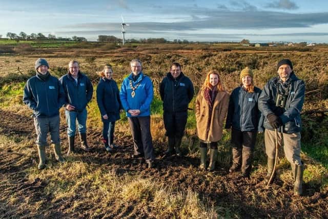 From left, Gregory Woulahan and Darren Houston, RSPBNI;  Claire Duddy, council; the Mayor, Cllr William McCaughey; Paul Trimble, RSPB;  Alison Diver council, Claire Barnett and Gareth Bareham, RSPBNI.
