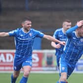 Lyndon Kane celebrates after heading Coleraine in front