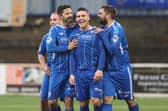 Josh Carson celebrates his late goal against Portadown