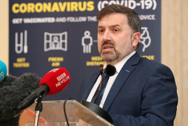 Health Minister for Northern Ireland Robin Swann pictured at Stormont earlier this month where he was giving an update on the Assembly's strategy for tackling the Covid-19 pandemic. Picture: Jonathan Porter/PressEye