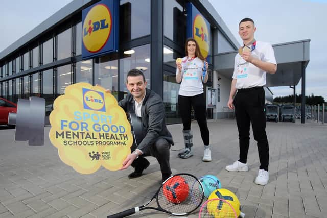 Pictured celebrating the announcement is Sport for Good Ambassador and Paralympic champion Bethany Firth OBE, Sport for Good Ambassador and Olympic gymnast Rhys McClenaghan and Gordon Cruikshanks, Head of Sales Operations for Lidl Northern Ireland.
