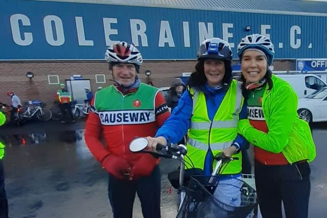 Maureen with Robert Downes and Cllr Stephanie Quigley  of the Causeway Wheelers who accompanied Maureen on her Trike Challenge