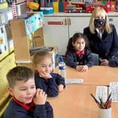 Education Minister Michelle McIlveen meet pupils on her tour of Harryville Primary School
