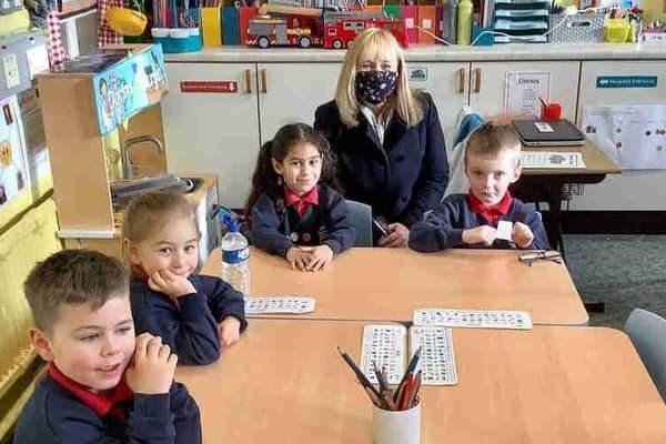 Education Minister Michelle McIlveen meet pupils on her tour of Harryville Primary School