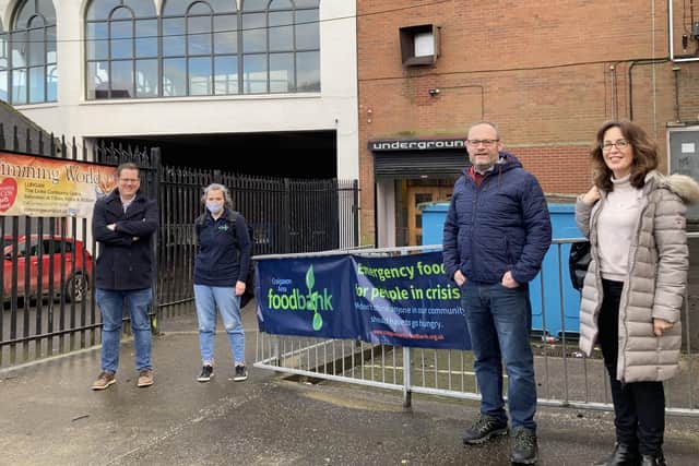 Outside a distribution centre in Lurgan for Craigavon Food Bank area Matthew Van Duyvenbode, Trussell Trust Chief Strategy Officer, Emma Beggs, Operations Manager, Craigavon Area Foodbank,Chris Leech, Chairman of the Board, Craigavon Area Foodbank and Annette Creelman, Trussell Trust Financial Inclusion Manager for Northern Ireland.