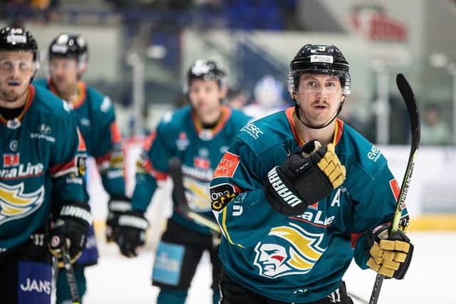 Ben Lake, Belfast Giants' hat-trick hero against the Coventry Blaze, celebrates one of his goals. Picture: Scott Wiggins/Coventry Blaze