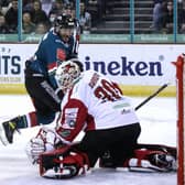 Belfast Giants’ JJ Piccinich scoring against the Cardiff Devils during last Friday’s Elite Ice Hockey League game at the SSE Arena