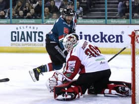 Belfast Giants’ JJ Piccinich scoring against the Cardiff Devils during last Friday’s Elite Ice Hockey League game at the SSE Arena