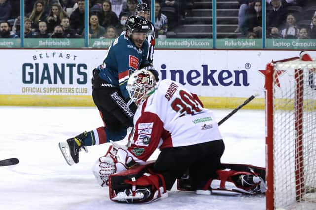 Belfast Giants’ JJ Piccinich scoring against the Cardiff Devils during last Friday’s Elite Ice Hockey League game at the SSE Arena
