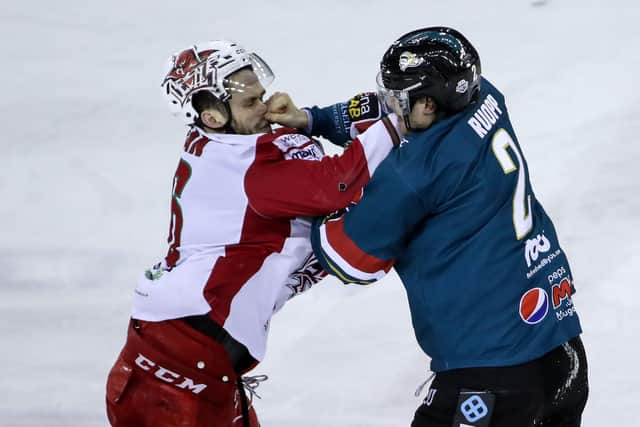 Belfast Giants' Sam Ruopp drops the gloves with Cardiff Devils' Sam Duggan during the recent Elite Ice Hockey League game at the SSE Arena, Belfast