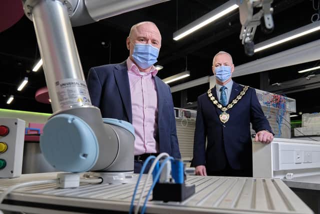 Launching the MSW pilot Business Innovation Programme at South West College’s Robotic and Automation Lab is Councillor Paul McLean (Chair of MSW Region Governance Steering Group) and Paul Reavey (Brilliant Red).