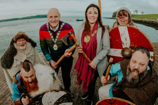 Mayor of Ards and North Down Borough Council, Councillor Mark Brooks and Chairperson of Newry, Mourne and Down District Council, Councillor Cathy Mason along with Magnus Vikings from Ballydugan Medieval Settlement are excited to launch the Strangford Lough Viking Festival being held this March