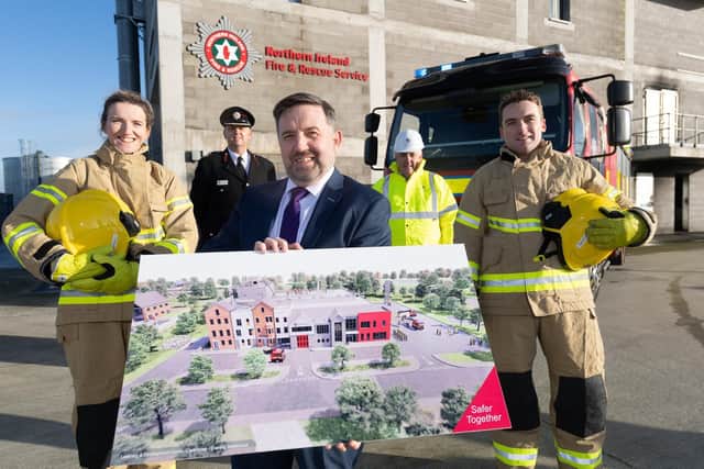 From left, Trainee Firefighter  Niamh McFall, ACFRO Aidan Jennings, Minister Swann , Damian Gill, Trainee Firefighter Mark McDaid.