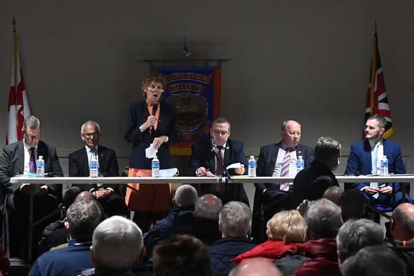 PACEMAKER PRESS BELFAST 10/02/2022
Speakers   during  an  anti-protocol rally at Dromore Orange Hall on Thursday evening, The DUP Leader Jeffrey Donaldson, TUV Leader Jim Allister attended the rally alongside   prominent Brexiteers  Kate Hoey and former MEP Ben Habib.
 Pic Colm Lenaghan/ Pacemaker 




















































































































































































































































































































































































































































































Pic Colm Lenaghan/ Pacemaker