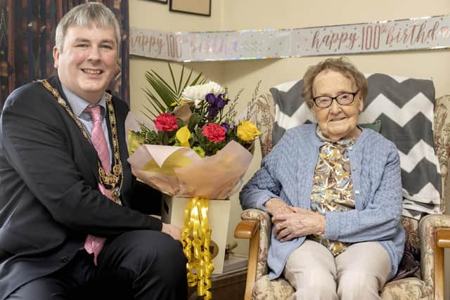 Happy Birthday to Coleraine resident Tillie Virtue who turns 100 on February 11th 2022. Tillie is pictured here with the Mayor of Causeway Coast and Glens Borough Council Councillor Richard Holmes during his recent visit to help mark this very special occasion