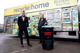 Eric Randall (Bryson Recycling) and DAERA Minister Edwin Poots pictured at Bryson Recycling in Mallusk.