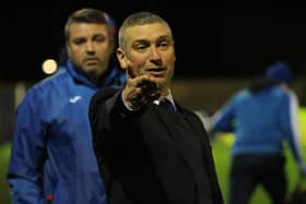 Ards manager Matthew Tipton during his first game in charge of the Championship club. The victory on Tuesday over Loughgall marked a winning return to management following Tipton's exit from top-flight Portadown. Pic courtesy of Ards FC/Gareth McCluskey.