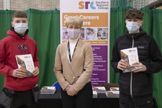 Darrelle McSherry of Southern Regional College with John-Jo Casey (left) and Ben Kavanagh of St. Patrick’s College, Banbridge