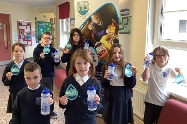 Killowen Primary School, Coleraine, pupils with their water bottles