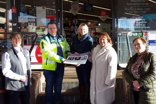 Co-op Broughshane Street will support three local charities - Braid Valley Community First Responders, Good Morning Ballymena and Women’s Aid ABCLN - through the Co-op’s Local Community Fund during 2022. Pictured are - Co-op Broughshane Street, Gillian O’Loughlin, Braid Valley Community First Responders, Paul McCormick, Women’s Aid ABCLN, Arlene Creighton, Good Morning Ballymena, Debbie Chestnutt and local Co-op Member Pioneer, Jackie McNeill