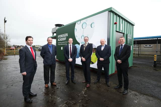 Mel Higgins, Principal and Chief Executive of Northern Regional College, Brian Hood, Managing Director of BS Holdings Ltd, Gordon Lyons, Minister for the Economy, Councillor William McCaughey, Mayor of Mid and East Antrim, Paul McCormack, Innovation Manager at Belfast Met and Graham Whitehurst, MBE, Chair of Mid and East Antrim’s Manufacturing Task Force.