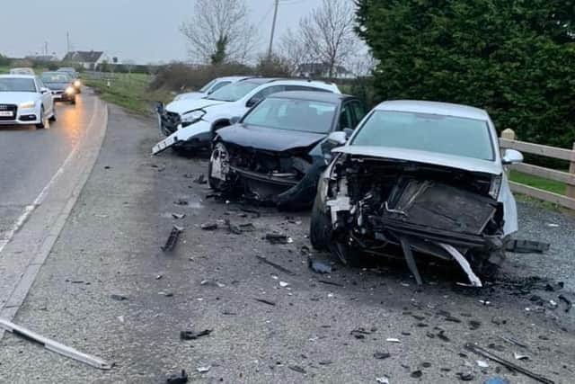 The scene of the crash on the Moy Road, Portadown last Friday February 18, 2022 where four people were injured and taken to Craigavon Area Hospital.