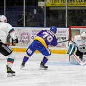 Belfast Giants goalkeeper Jackson Whistle blocks a shot from the Fife Flyers’ Brandon Magee. Whistle was called upon to do goals after Tyler Beskorowany picked up an injury during the Giants 7-0 defeat of the Dundee Stars. Picture: Fife Flyers Images