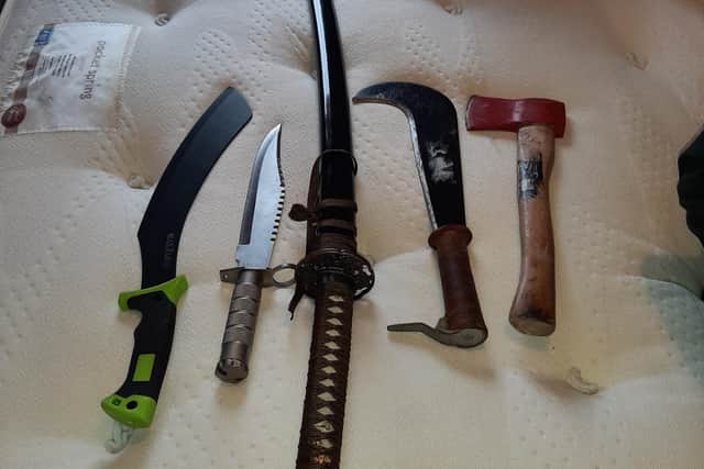 Some of the items found by the PSNI conducting searches in Lurgan, Co Armagh.