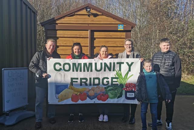 Community fridge volunteers John Mitchell, Carly Ogilvie, Sharon Aston, Francine McIlhatton, William Armstrong and Alex Aston.