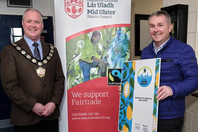 Chair of Mid Ulster District Council, Councillor Paul McLean is pictured with the Council’s Sustainability Officer, receiving the Fairtrade Status award for the district.