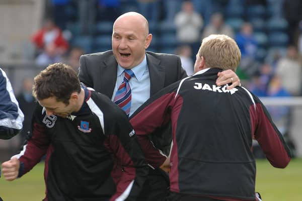 Paul Doolin celebrates Setanta Sports Cup success in 2007 with Drogheda United at Windsor Park. Pic by Pacemaker.