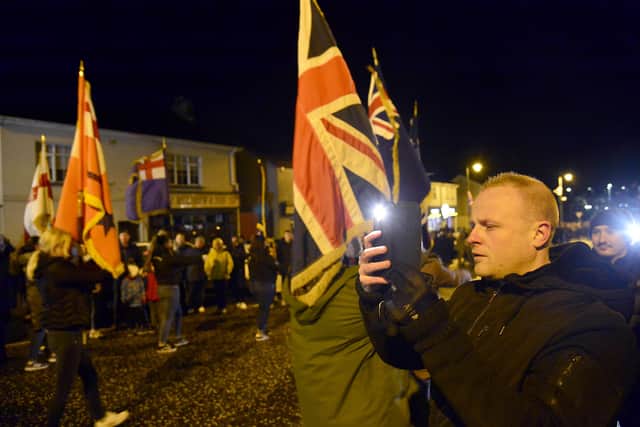 There was a large turnout for an anti-Northern Ireland Protocol rally in Markethill on Friday night. Jamie Bryson was among those who attended.
Picture By: Arthur Allison/Pacemaker Press