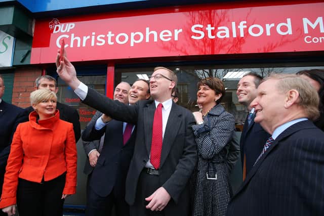 Former First Minister Arlene Foster pictured at the opening of the offices of Christopher Stalford MLA in Sandy Row, south Belfast in December 2016.. She is pictured with Nigel Dodds, Christopher Stalford, Paul Givan and Maurice Morrow.  Picture: Kelvin Boyes / Press Eye.
