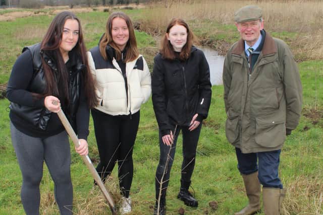 (L-R) Cadets Alyssa Woods, Cullybackey Detachment, Hanah Maxwell, Larne Detachment, Illaria Grimeson, Ballymena Detachment are joined by County Antrim’s Lord-Lieutenant and Hon Colonel of 1 st (NI) Bn Army Cadet Force, Mr David McCorkell KstJ