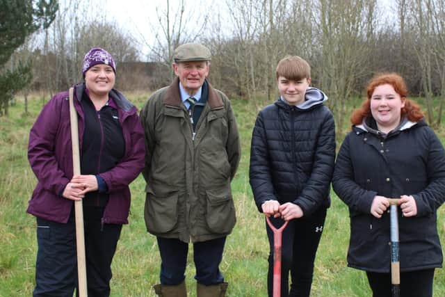 L-R) Ruth Verner, Co Antrim Lord-Lieutenant Mr David McCorkell KstJ with Sea Cadets Jake and Jess