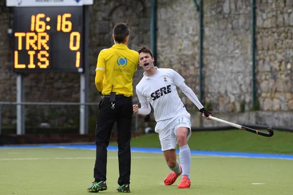 Lisnagarvey’s Andy Edgar celebrates his crucial goal against Three Rock Rovers. Picture: Adrian Boehm