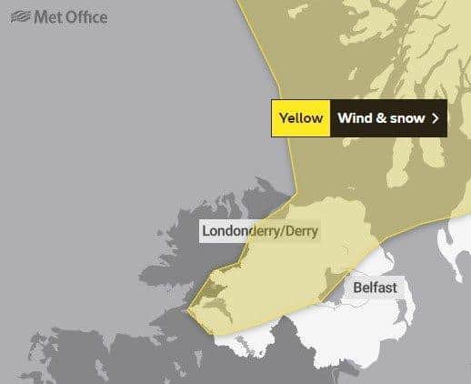 A yellow weather warning for snow and wind is in place for parts of Northern Ireland.