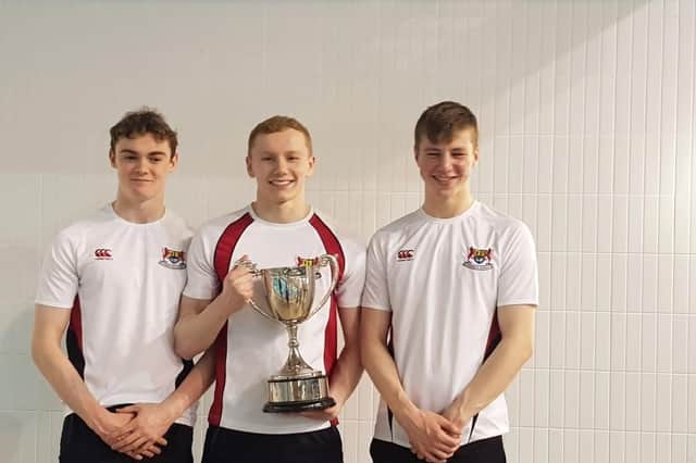 Banbridge Academy pupils with the prizes which were won at the at the Ulster Schools’ Cup Championship at the Aurora Aquatic Centre in Bangor