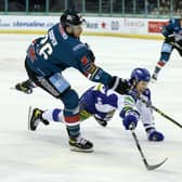 Belfast Giants’ Mark Cooper with Coventry Blaze’s Dane Gibson