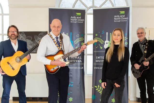 The Mayor of Ards and North Down, Councillor Mark Brooks launches the 2022 Ards International Guitar Festival with musicians Paddy Anderson and Sam Davidson and Festival Director, Emily Crawford