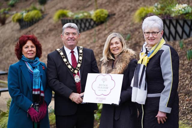 L-R Suzanne Winter, Mayor of Antrim and Newtownabbey, Councillor Billy Webb, Helen Boyd and Linda Houston from Tidy Randalstown
