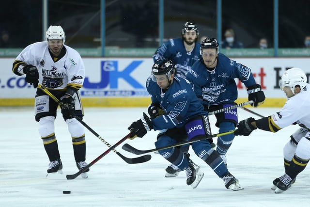 Belfast Giants' David Goodwin with Nottingham Panthers Christophe Boivin during Wednesdays Challenge Cup semi-final at the SSE Arena, Belfast. Photo by Darren Kidd/Presseye