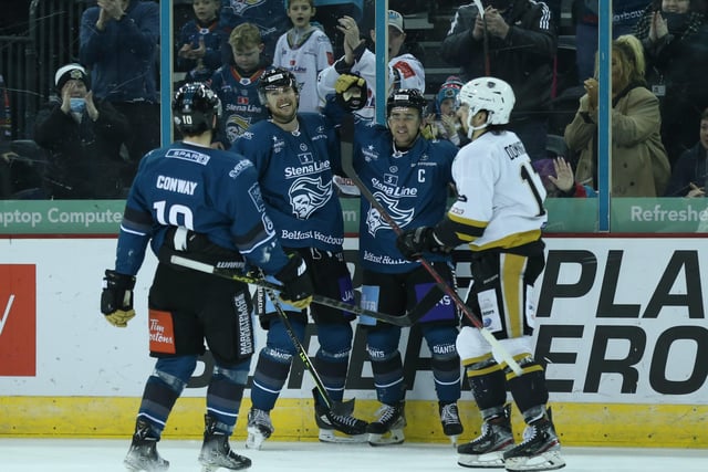 Belfast Giants' David Goodwin celebrates scoring against the Nottingham Panthers during Wednesday's Challenge Cup semi-final at the SSE Arena, Belfast. Photo by Darren Kidd/Presseye