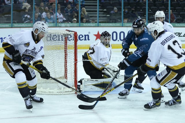 Belfast Giants' Lewis Hook with Nottingham Panthers J C Brassard during Wednesdays Challenge Cup semi-final at the SSE Arena, Belfast. Photo by Darren Kidd/Presseye