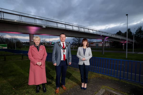Lynn McDonald, Department for Communities, Lord Mayor, Alderman Glenn Barr, and Minister for Infrastructure Nichola Mallon pictured at the new footbridge in Craigavon. Picture by Philip Magowan
